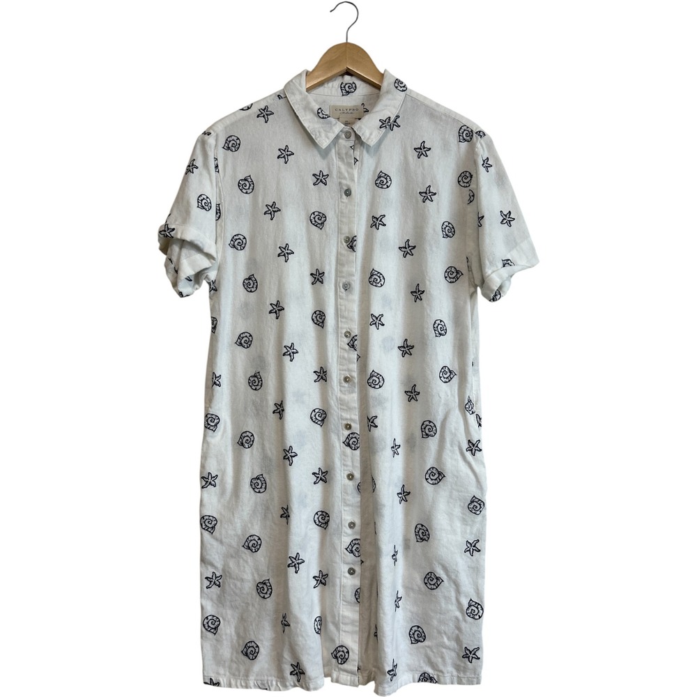 Calypso St Barth Linen Blend Embroidered Shell Star Fish Shirt Dress White Large